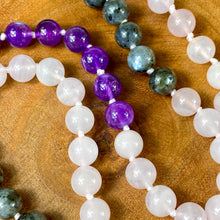 Load image into Gallery viewer, Limited Edition Triple Power Labradorite, Amethyst, Rose Quartz 108 Hand Knotted Mala with Point Charm Pendant Necklace