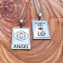 Load image into Gallery viewer, Just Restocked! Elizabeth April EA Angel 2 Sided Channeled & Attuned Evil Eye Protection Cosmic Species Sacred Geometry Card Tag Pendant 18” White Gold Necklace