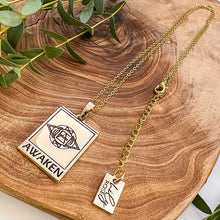 Load image into Gallery viewer, Elizabeth April EA Awaken 2 Sided Channeled & Attuned Evil Eye Protection Cosmic Species Sacred Geometry Card Tag Pendant 18” Gold Necklace