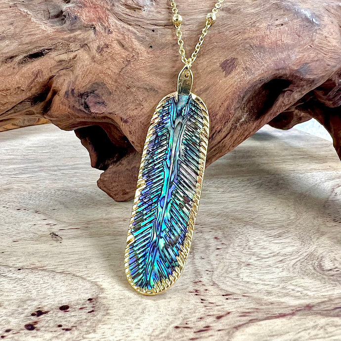 Natural Luxury Abalone Carved Feather XL Pendant 30” Gold Necklace