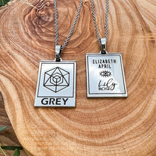 Load image into Gallery viewer, Elizabeth April EA Grey Zeta 2 Sided Channeled & Attuned Evil Eye Protection Cosmic Species Sacred Geometry Card Tag Pendant 18” White Gold Necklace
