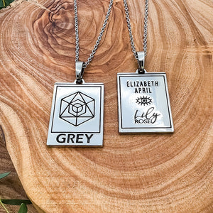 Elizabeth April EA Grey Zeta 2 Sided Channeled & Attuned Evil Eye Protection Cosmic Species Sacred Geometry Card Tag Pendant 18” White Gold Necklace