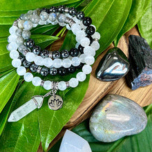 Load image into Gallery viewer, Ombre Collection Energy Transmutation &amp; Earth Roots Selenite Labradorite Hematite Black Tourmaline 108 Stretch Mala Necklace Bracelet