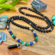 Load image into Gallery viewer, Limited Edition Spirit Master Black Onyx Elite Shungite Malachite Kyanite Labradorite Tourmaline 108 Mala Necklace Bracelet