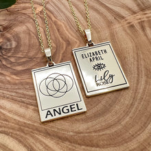 Load image into Gallery viewer, Elizabeth April EA Angel 2 Sided Channeled & Attuned Evil Eye Protection Cosmic Species Sacred Geometry Card Tag Pendant 18” Gold Necklace
