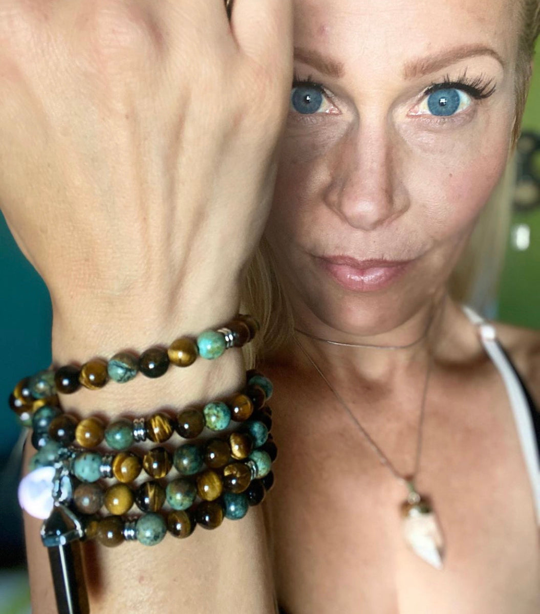 Collier Mala Rudraksha Turquoise Et Or - Bijou Yoga œil Shi - Neuf