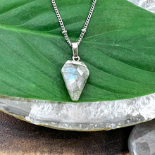 Load image into Gallery viewer, Faceted Shield Labradorite Minimalist Crystal Pendant 14” + 2" White Gold Necklace