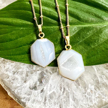 Load image into Gallery viewer, Black Lace Agate White Druzy Quartz Long Hexagon Gemstone Pendant 18" Gold Necklace