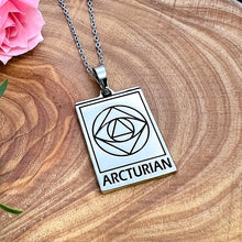 Load image into Gallery viewer, Elizabeth April EA Arcturian 2 Sided Channeled & Attuned Evil Eye Protection Cosmic Species Sacred Geometry Card Tag Pendant 18” White Gold Necklace