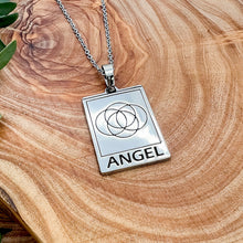 Load image into Gallery viewer, Just Restocked! Elizabeth April EA Angel 2 Sided Channeled & Attuned Evil Eye Protection Cosmic Species Sacred Geometry Card Tag Pendant 18” White Gold Necklace