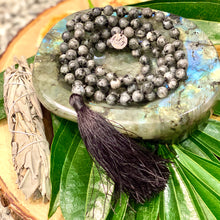 Load image into Gallery viewer, Labradorite Larvakite Power Protector Shaman Stone 108 Hand Knotted Mala Necklace Bracelet