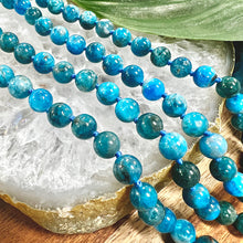 Load image into Gallery viewer, Blue Apatite Manifestation & Motivation 108 Hand Knotted Mala with Point Charm Pendant Necklace