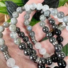 Load image into Gallery viewer, Ombre Collection Energy Transmutation & Earth Roots Selenite Labradorite Hematite Black Tourmaline 108 Stretch Mala Necklace Bracelet