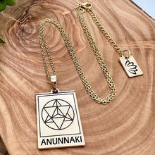 Load image into Gallery viewer, Elizabeth April EA Anunnaki 2 Sided Channeled & Attuned Evil Eye Protection Cosmic Species Sacred Geometry Card Tag Pendant 18” Gold Necklace
