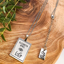 Load image into Gallery viewer, Just Restocked! Elizabeth April EA Angel 2 Sided Channeled & Attuned Evil Eye Protection Cosmic Species Sacred Geometry Card Tag Pendant 18” White Gold Necklace