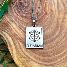 Load image into Gallery viewer, Elizabeth April EA Pleiadian 2 Sided Channeled & Attuned Evil Eye Protection Cosmic Species Sacred Geometry Card Tag Pendant 18â White Gold Necklace