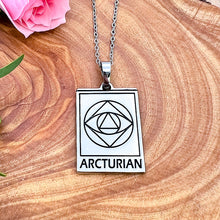 Load image into Gallery viewer, Elizabeth April EA Arcturian 2 Sided Channeled & Attuned Evil Eye Protection Cosmic Species Sacred Geometry Card Tag Pendant 18” White Gold Necklace