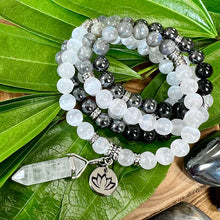 Load image into Gallery viewer, Ombre Collection Energy Transmutation & Earth Roots Selenite Labradorite Hematite Black Tourmaline 108 Stretch Mala Necklace Bracelet