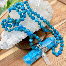 Load image into Gallery viewer, Blue Apatite Manifestation & Motivation 108 Hand Knotted Mala with Point Charm Pendant Necklace
