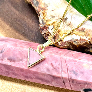 Rhodonite Mini Triangle Strength & Compassion Crystal Pendant 18” Gold Necklace