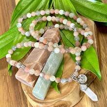 Load image into Gallery viewer, Rainbow Moonstone, Peach Moonstone, Black Moonstone & Sunstone Quad Power TOTAL Bliss 108 Stretch Mala Necklace Bracelet