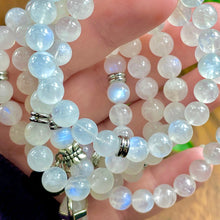 Load image into Gallery viewer, Last 3 in stock! NEW Grade AAA+ Holographic Rainbow Moonstone Miracles & Universal Energy 108 Stretch Mala Necklace Bracelet