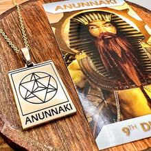 Load image into Gallery viewer, Elizabeth April EA Anunnaki 2 Sided Channeled & Attuned Evil Eye Protection Cosmic Species Sacred Geometry Card Tag Pendant 18” Gold Necklace