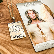Load image into Gallery viewer, Elizabeth April EA Angel 2 Sided Channeled & Attuned Evil Eye Protection Cosmic Species Sacred Geometry Card Tag Pendant 18” Gold Necklace