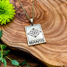 Load image into Gallery viewer, Elizabeth April EA Mantis 2 Sided Channeled & Attuned Evil Eye Protection Cosmic Species Sacred Geometry Card Tag Pendant 18” Gold Necklace