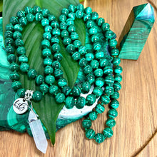 Load image into Gallery viewer, LAST 3 - Malachite Heart Activation &amp; Universal Flow Limited Premium Collection 108 Hand Knotted Mala with Point Charm Pendant Necklace