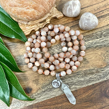 Load image into Gallery viewer, Peach Moonstone Heart Opening & Activation 108 Hand Knotted Mala with Point Charm Pendant Necklace