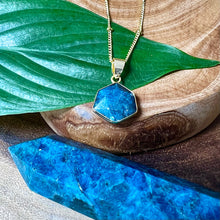 Load image into Gallery viewer, Blue Apatite Hexagon Manifestation Crystal Pendant 18” Gold Necklace