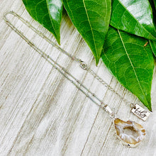 Load image into Gallery viewer, Inner Peace Druzy Quartz Black Lace Agate Geode Slice Pendant 18" + 2" White Gold Necklace