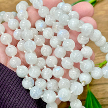 Load image into Gallery viewer, Limited Edition Rainbow Moonstone Miracles & Universal Energy 108 Hand Knotted Mala with Point Charm Pendant Necklace