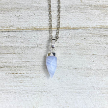 Load image into Gallery viewer, Blue Lace Agate Serenity & Calm Faceted Point Pendant 18" White Gold Necklace