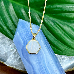 Blue Lace Agate Serenity & Calm Minimalist Faceted Hexagon Pendant 18" Gold Necklace