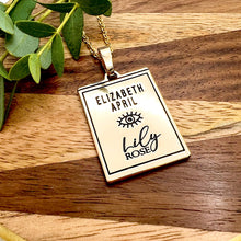 Load image into Gallery viewer, Elizabeth April EA Anunnaki 2 Sided Channeled & Attuned Evil Eye Protection Cosmic Species Sacred Geometry Card Tag Pendant 18” Gold Necklace