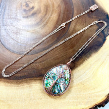 Load image into Gallery viewer, Tree of Life XL Teardrop Abalone Shell Wire Wrapped Pendant 30” Rose Gold Necklace
