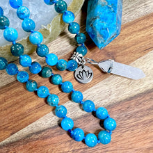 Load image into Gallery viewer, Blue Apatite Manifestation & Motivation 108 Hand Knotted Mala with Point Charm Pendant Necklace
