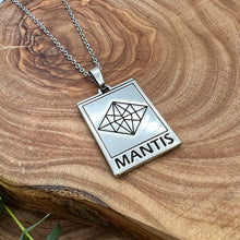 Load image into Gallery viewer, Elizabeth April EA Mantis 2 Sided Channeled & Attuned Evil Eye Protection Cosmic Species Sacred Geometry Card Tag Pendant 18” White Gold Necklace