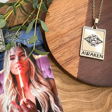 Load image into Gallery viewer, Elizabeth April EA Awaken 2 Sided Channeled & Attuned Evil Eye Protection Cosmic Species Sacred Geometry Card Tag Pendant 18” Gold Necklace