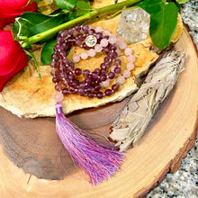 Load image into Gallery viewer, Amethyst & Rose Quartz Love 108 Hand Knotted Mala with Tassel Necklace