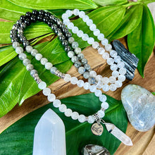 Load image into Gallery viewer, Ombre Collection Energy Transmutation & Earth Roots Selenite Labradorite Hematite Black Tourmaline 108 Stretch Mala Necklace Bracelet