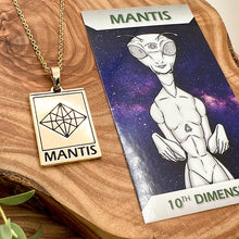 Load image into Gallery viewer, Elizabeth April EA Mantis 2 Sided Channeled & Attuned Evil Eye Protection Cosmic Species Sacred Geometry Card Tag Pendant 18” Gold Necklace