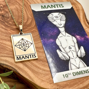 Elizabeth April EA Mantis 2 Sided Channeled & Attuned Evil Eye Protection Cosmic Species Sacred Geometry Card Tag Pendant 18” Gold Necklace