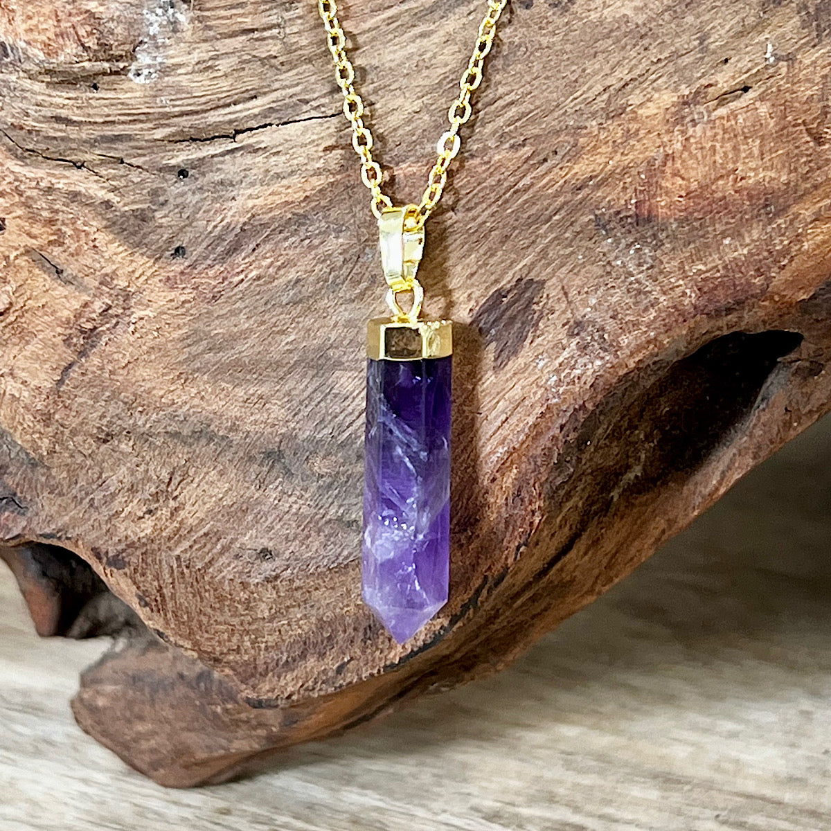 Amethyst Spiritual Intuition Full Tower Point Pendant 18 Gold Necklace