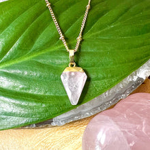 Load image into Gallery viewer, Faceted Shield Rose Quartz Minimalist Crystal Pendant 14” + 2" Gold Necklace