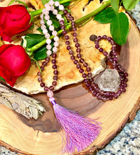Load image into Gallery viewer, Amethyst &amp; Rose Quartz Love 108 Hand Knotted Mala with Tassel Necklace
