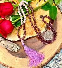 Load image into Gallery viewer, Amethyst & Rose Quartz Love 108 Hand Knotted Mala with Tassel Necklace