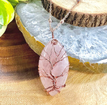 Load image into Gallery viewer, Tree of Life Rose Quartz Pointed Oval Wire Wrapped Pendant 30” Rose Gold Necklace